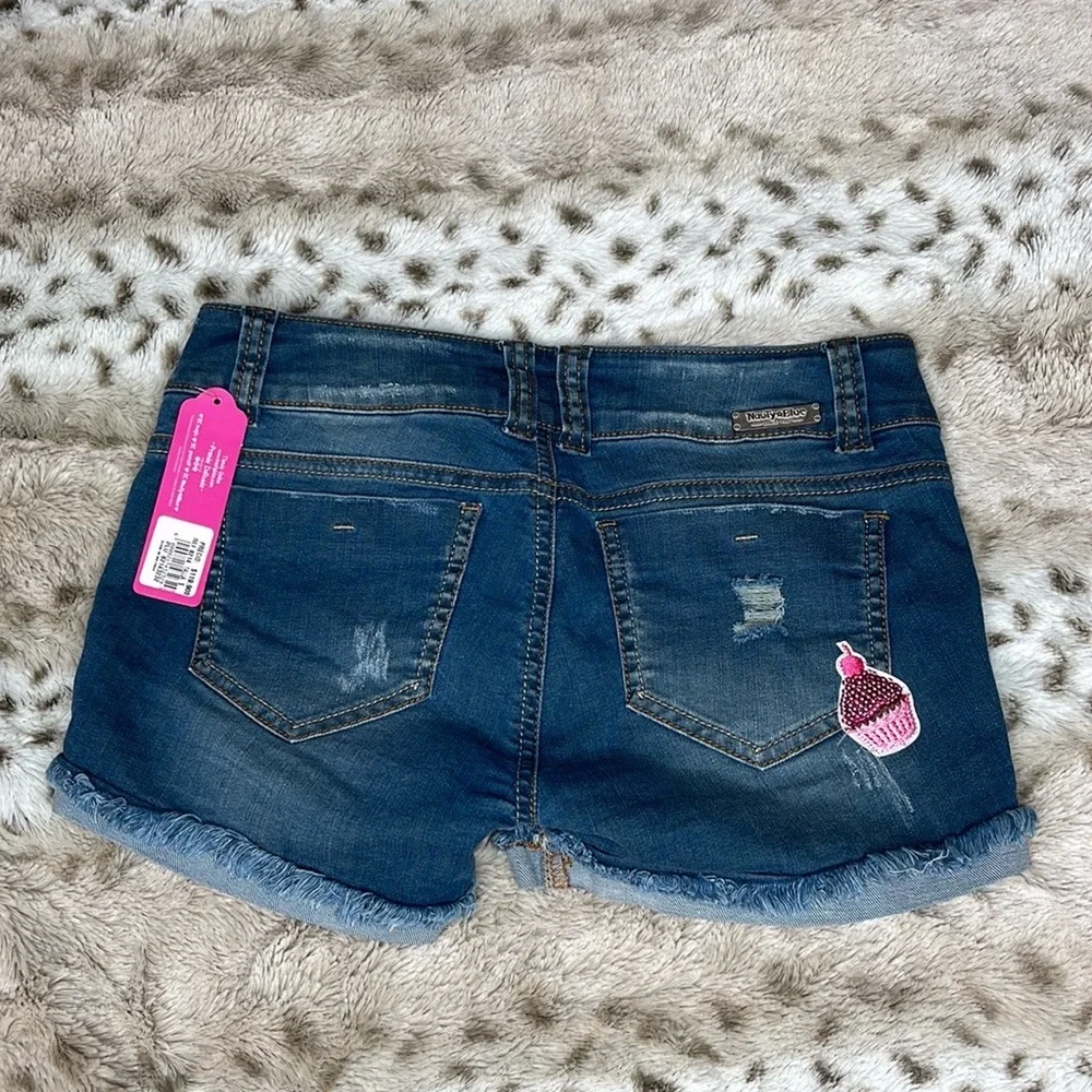 Nauty Blue Distressed Denim Shorts Light Wash Girls Size Small S Patches